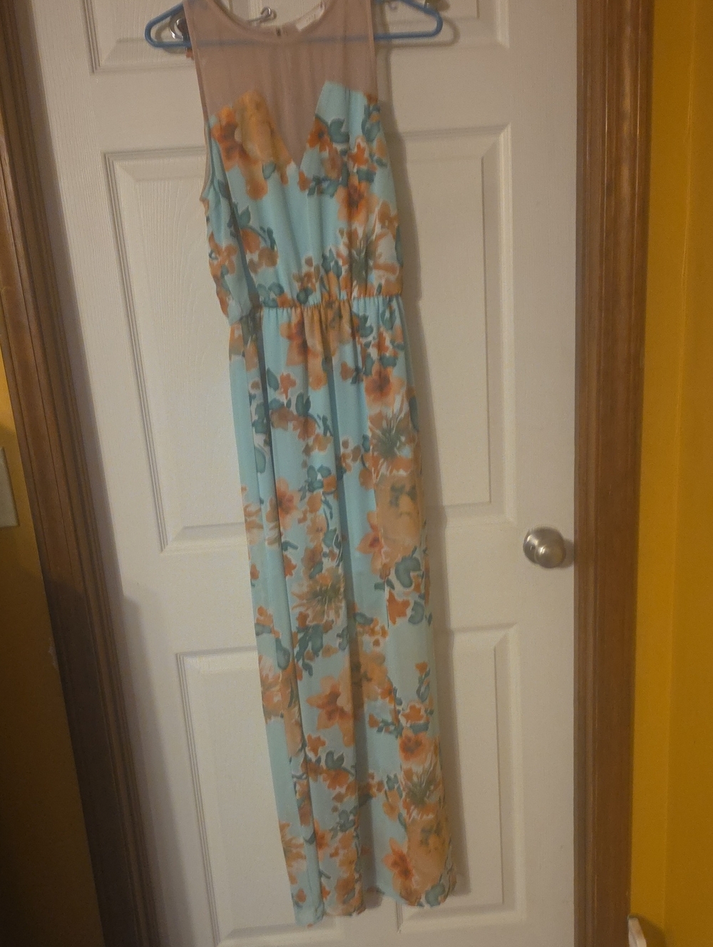Lush Aqua Maxi Dress with Peach Floral Print and Sheer Yoke